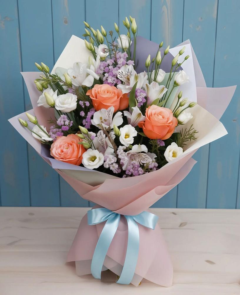 Букет цветов из: Лизиантусы, Розы, Альстромерии и Гипсофила в Свирске