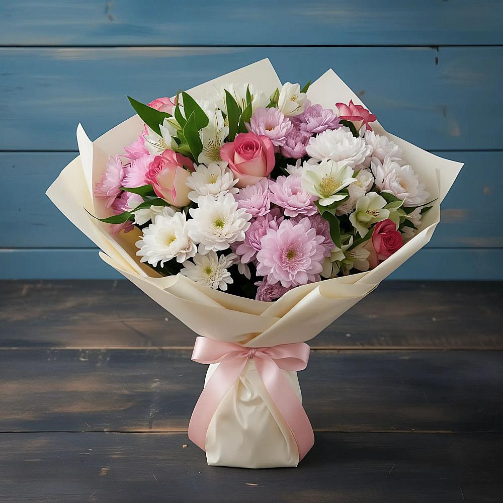 Букет цветов из: Хризантемы, Альстромерии и Розы в Свирске